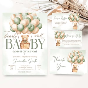 Editable Hot Air Balloon Bear Baby Shower Invitation Bundle, Gender Neutral We Can Bearly Wait Baby Shower Invite Set, Boho Baby Shower 0703