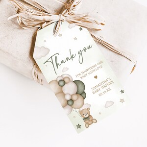 Etichetta per bomboniere per baby shower con palloncino con orsetto neutro, genere modificabile, Etichetta per regali per baby shower con orso Boho, Etichetta di ringraziamento per baby shower 0603 immagine 3