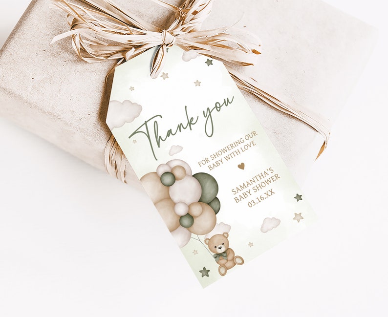 Etichetta per bomboniere per baby shower con palloncino con orsetto neutro, genere modificabile, Etichetta per regali per baby shower con orso Boho, Etichetta di ringraziamento per baby shower 0603 immagine 3