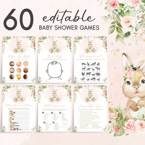 Editable Bunny Girl Baby Shower Games Bundle, Pink Floral Baby Shower Game Pack, A Little Bunny Rabbit Spring Baby Shower Game Template 0624