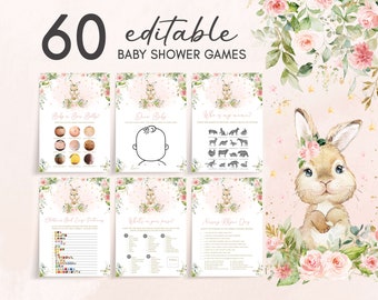 Editable Bunny Girl Baby Shower Games Bundle, Pink Floral Baby Shower Game Pack, A Little Bunny Rabbit Spring Baby Shower Game Template 0624
