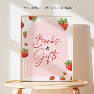 Cadeaux et livres pour shower de bébé fraise, panneau cadeau de shower de bébé doux baies, panneau de table de shower de bébé fraise rouge, premier bébé baies 0616