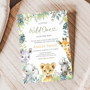 Editable Wild One Baby Shower Invitation, Jungle Safari Baby Shower Invite, Greenery Safari Animals Baby Shower Invitation Template, 0648 image 1