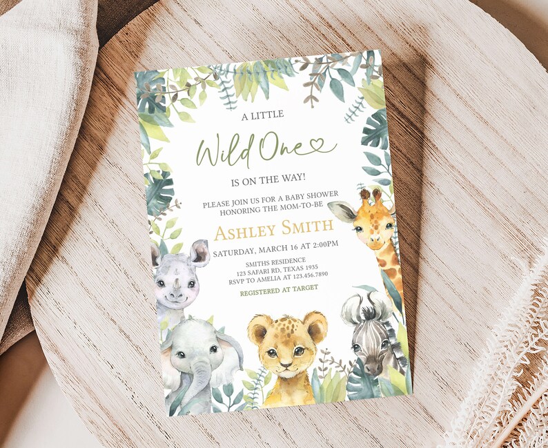 Editable Wild One Baby Shower Invitation, Jungle Safari Baby Shower Invite, Greenery Safari Animals Baby Shower Invitation Template, 0648 image 1