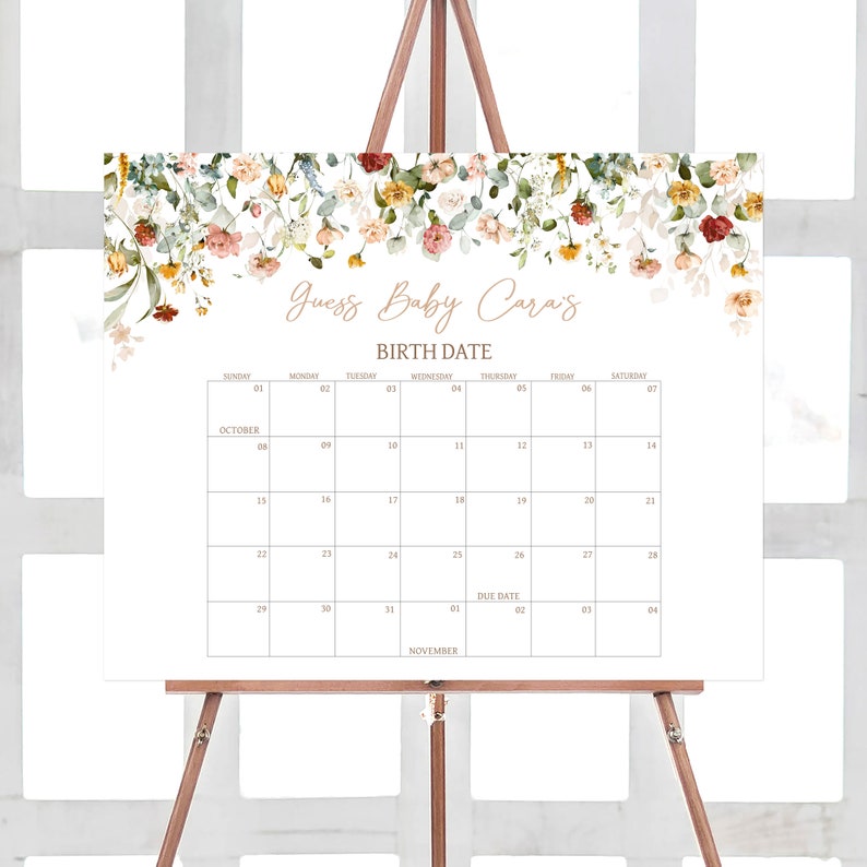 Bearbeitbarer Baby in Bloom Babyparty Fälligkeitsdatumskalender Boho Frühling Blumen Babypartykalender, Wildblumen Frühling Geburtstagsvorhersagen, 0659 Bild 1