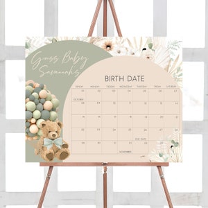 Bearbeitbar We Can BearlyWaist Babyparty Fälligkeitsdatumskalender, Boho Teddybär Babypartykalender, Salbeigrüne Luftballons Pampas Gras Spiel 0412