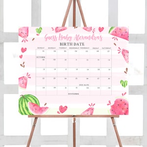 Bearbeitbarer Rosa Wassermelonen-Babyparty-Fälligkeitskalender, Wassermelonen-Mädchen-Babypartykalender, Wassermelonen-Geburtstagsvorhersage-Vorlage 0266