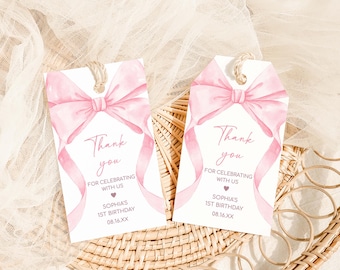 Editable Pink Bow Birthday Favor Tag, Pink Coquette First Birthday Gift Tags, Coquette Pink Ribbon 1st Birthday Tags, Pink Bow Party, 82BD