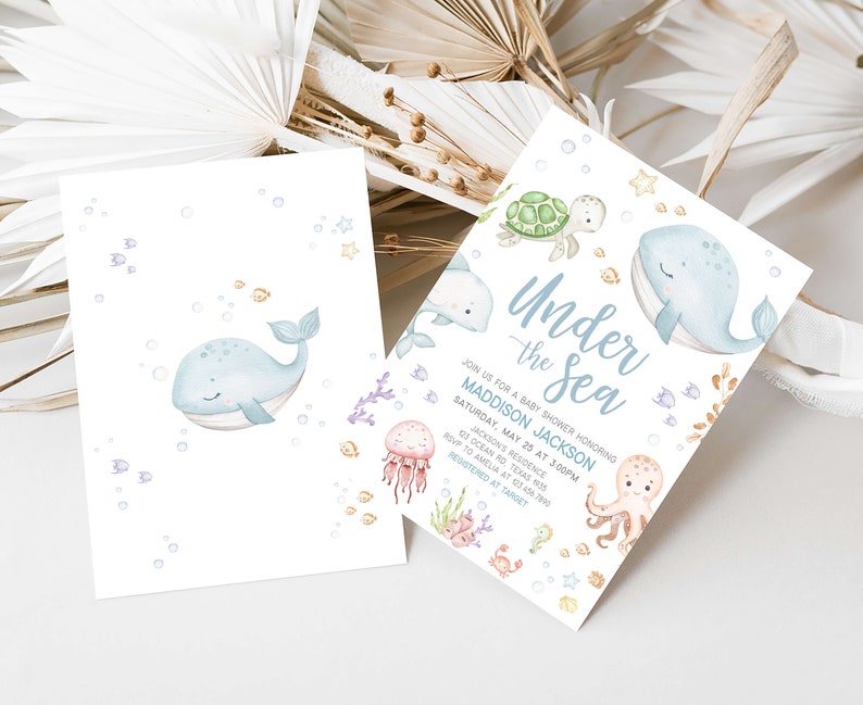 Bearbeitbar Unter dem Meer-Babyparty-Einladung, Geschlechtsneutrale nautische Babyparty-Einladung, Meereskreaturen Ozean-Babyparty-Einladung, 0716 Bild 2