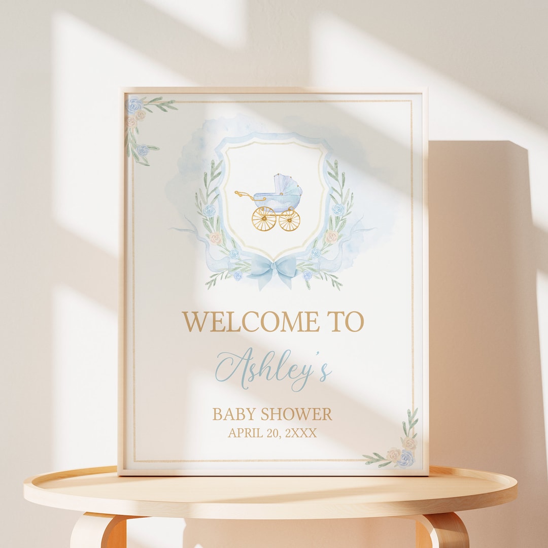 Editable Blue Watercolor Crest Baby Shower Welcome Sign, Boy Bow Crest ...