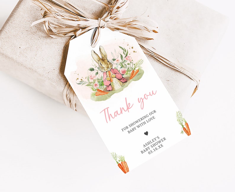 Editable Pink Peter Rabbit Baby Shower Favor Tags, Peter Rabbit Girl Baby Shower Gifts Tag, A Little Bunny Spring Shower Thank You Tag, 0626 image 3