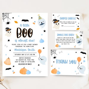 Editable Blue A Little Boo Baby Shower Invitation Bundle, Blue Ghost Halloween Baby Shower Invite Set, Boy Halloween Invitation Pack 0367