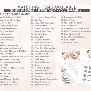 May include: A printable baby shower game set with a list of editable games, including "How Big is Mommy's Belly?" and "Baby Trivia." The set also includes two game sheets with floral accents and the text "Children's Book Emoji Pictionary" and "Who is my Mama?"