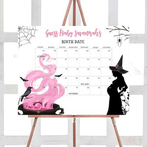 Editable A Baby is Brewing Halloween Baby Shower Due Date Calendar, Girl Halloween Baby Shower Calendar, Witch Birthday Predictions 0444 image 1