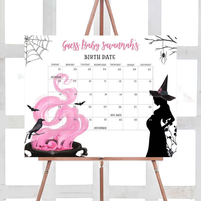 Editable A Baby is Brewing Halloween Baby Shower Due Date Calendar, Girl Halloween Baby Shower Calendar, Witch Birthday Predictions 0444 image 1