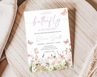 Editable Butterfly Baby Shower Invitation, A Little Butterfly Girl Baby Shower Invite, Floral Butterfly Spring Baby Shower Invitation, 01021