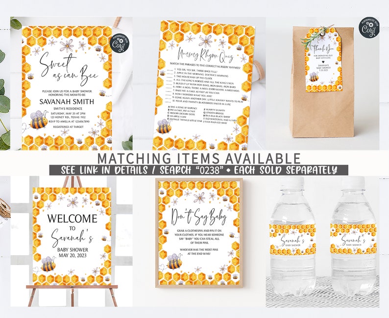 May include: A set of printable baby shower decorations with a bee and honeycomb theme. The set includes a welcome sign, a don't say baby game, a water bottle label, a thank you tag, and a baby shower invitation. The decorations are yellow, white, and gray.