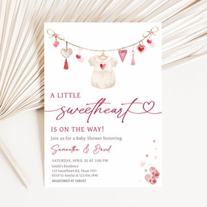 Invitación editable para baby shower de San Valentín, Invitación para baby shower de una pequeña novia, Plantilla de invitación para baby shower de niña con corazones de San Valentín, 0651 imagen 1