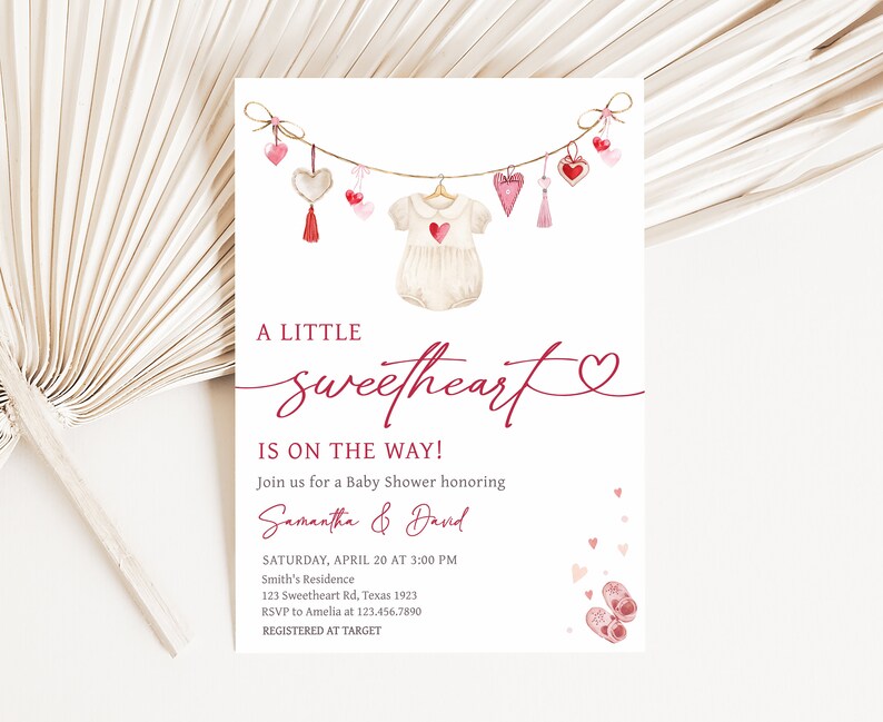 Invitación editable para baby shower de San Valentín, Invitación para baby shower de una pequeña novia, Plantilla de invitación para baby shower de niña con corazones de San Valentín, 0651 imagen 1