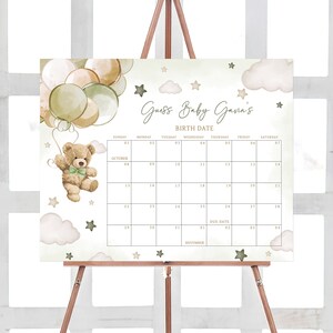 Bearbeitbarer geschlechtsneutraler Bären-Babyparty-Fälligkeitsdatumskalender, wir können Bären-Babypartykalender warten, grüne Bären-Ballons Babyparty, 0604