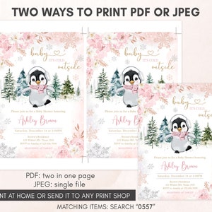 Editable Winter Penguin Baby Shower Invitation, Girl Penguin Baby Shower Invite, Pink Baby It's Cold Outside Baby Shower Invitation, 0557 image 3