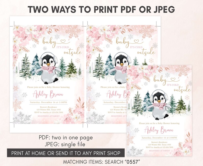 Editable Winter Penguin Baby Shower Invitation, Girl Penguin Baby Shower Invite, Pink Baby It's Cold Outside Baby Shower Invitation, 0557 image 3