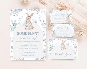 Editable Some Bunny Baby Shower Invitation Bundle, Blue Floral Bunny Baby Shower Invite Set, Boy Spring Easter Rabbit Shower Invite, 01026