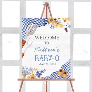 Bearbeitbares Blaues BBQ Baby Shower Willkommensschild Baby-Q Dusche Willkommen Poster Junge Hinterhof Grill Picknick Paare Dusche Printable Vorlage 0304