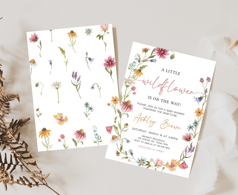 Editable Wildflower Baby Shower Invitation Bundle, Floral Boho Baby Shower Invitation Set, A Little Wildflower Baby Shower Invite, 0630 image 2