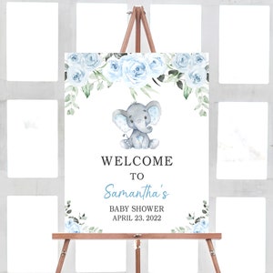 Blue Elephant Baby Shower Welcome Sign, Floral Elephant Welcome Poster, Boy Baby Shower Party Sign Decoration, Printable Template 0173