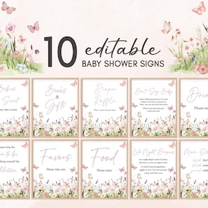 Bearbeitbares Schmetterlings-Babyparty-Tischschild, ein kleines Schmetterlingsmädchen-Babyparty-Bundle-Zeichen, Blumenschmetterling-Late-Night-Windeln-Zeichen, 01021