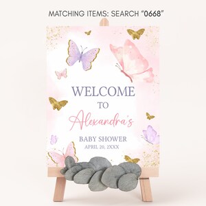 Signo de bienvenida de baby shower de mariposa editable, cartel de bienvenida de baby shower de mariposas rosas de niña, signo de baby shower de primavera de mariposa dorada, 0668 imagen 3