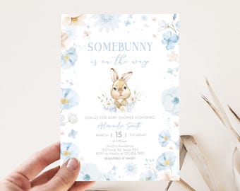 Editable Blue Floral Some Bunny Baby Shower Invitation, Easter Bunny Baby Shower Invite, Boy Spring Rabbit Baby Shower Invitation, 01023