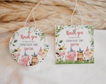 Editable Farm Birthday Favor Tags, Boy Red Barnyard Birthday Gift Tags, Farm Animals First Birthday Party Thank you Tag Decor Template 318BD