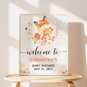 Cartello di benvenuto per baby shower con volpe floreale modificabile, poster di benvenuto per baby shower con volpe ragazza, cartello con indirizzo di volpe del bosco, modello animale della foresta 0357