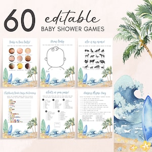 Editable Baby on Board Baby Shower Games Bundle, Surf Board Beach Baby Shower Game Pack, Surfing Summer Boy Baby Shower Game Template, 0677