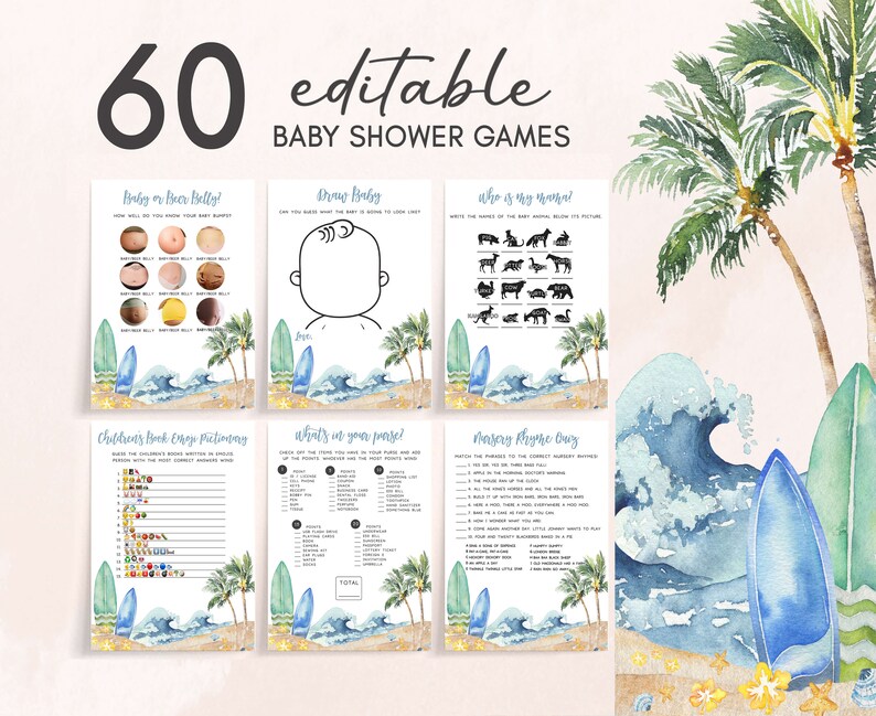Bearbeitbares Baby an Bord Babypartyspiele Bundle, Surfbrett Strand Babyparty Game Pack, Surfing Summer Boy Babyparty Spielvorlage, 0677 Bild 1