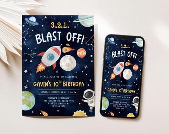 May include: A navy blue space-themed birthday invitation and a smartphone displaying the same design. The invitation features a rocket, planets, stars, and the text "BLAST OFF!" and "Gavin's 10th Birthday".