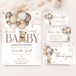 Editable Bear Balloon Baby Shower Invitation Bundle, We Can Bearly Wait Baby Shower Invite Set, Gender Neutral Brown Bear Baby Shower, 0605 image 1