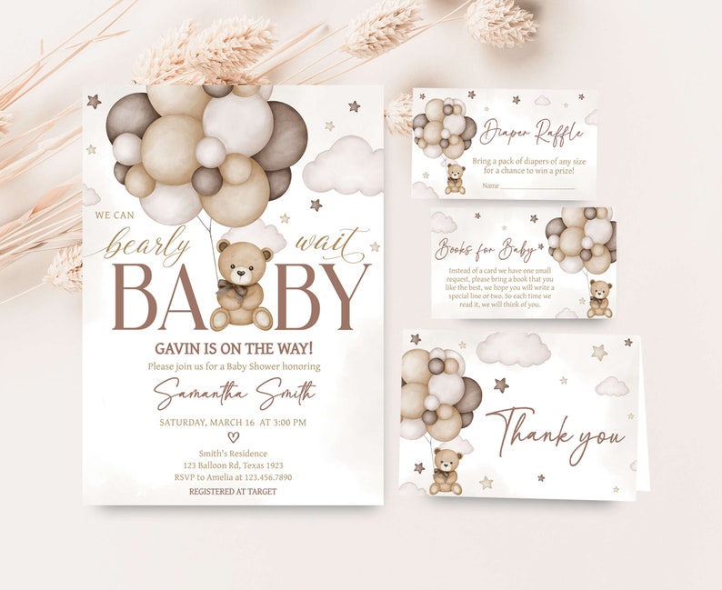Editable Bear Balloon Baby Shower Invitation Bundle, We Can Bearly Wait Baby Shower Invite Set, Gender Neutral Brown Bear Baby Shower, 0605 image 1