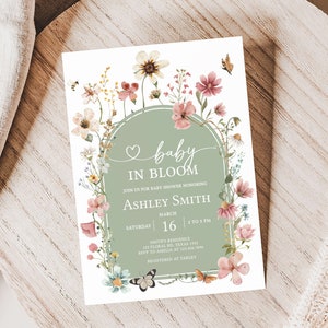 Editable Baby in Bloom Baby Shower Invitation Bundle, Boho Sage Green Wildflower Baby Shower Invite Set, Neutral Baby Shower Invite, 0676 image 3