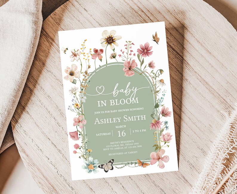 Editable Baby in Bloom Baby Shower Invitation Bundle, Boho Sage Green Wildflower Baby Shower Invite Set, Neutral Baby Shower Invite, 0676 image 3