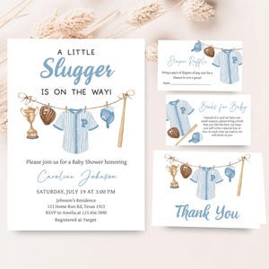 Editable Baseball Baby Shower Invitation Bundle, A Little Slugger Is On The Way Baby Shower Invite Set, Baseball Clothes Shower Invite 01062
