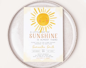 Editable Sunshine Baby Shower Invitation, Boho Sun Baby Shower Invite, A Little Ray of Sunshine Gender Neutral Baby Shower Invitation, 0251