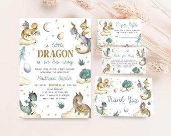 May include: A baby shower invitation with a blue and green watercolor dragon design. The invitation says "a little dragon is on his way" and includes the date, time, and location of the shower. There are also cards for a diaper raffle and books for baby.