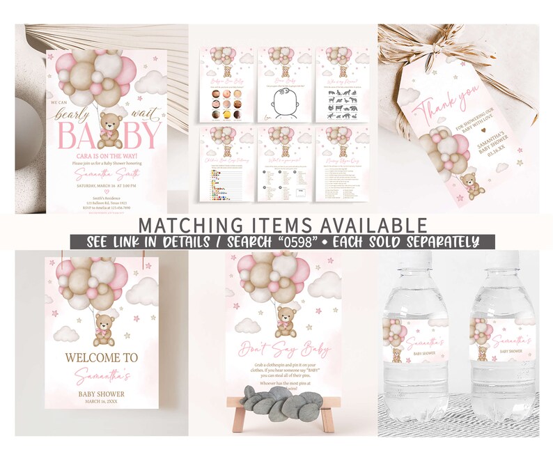 Editable Girl Bear Balloon Baby Shower Games Bundle, We Can Bearly Wait Baby Shower Game Pack, Pink Boho Bear Baby Shower Game Template 0598 image 2