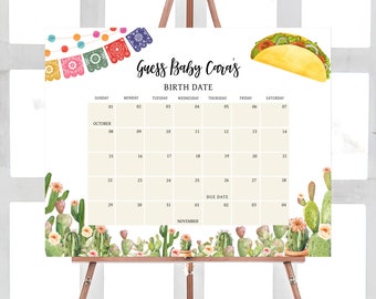 May include: A printable baby shower game with a calendar for guests to guess the baby's birth date. The calendar is decorated with a colorful Mexican fiesta theme with a taco graphic and cactus illustrations.