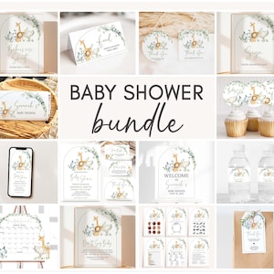 Paquete editable de baby shower de la selva, paquete de baby shower Safari, plantilla de mega paquete de baby shower de animales de la selva de vegetación neutral en cuanto al género, 0282