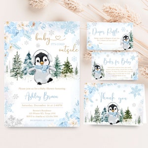 Editable Winter Penguin Baby Shower Invitation Bundle, Boy Penguin Baby Shower Invite Set, Blue Baby It's Cold Outside Baby Shower, 0559 image 1