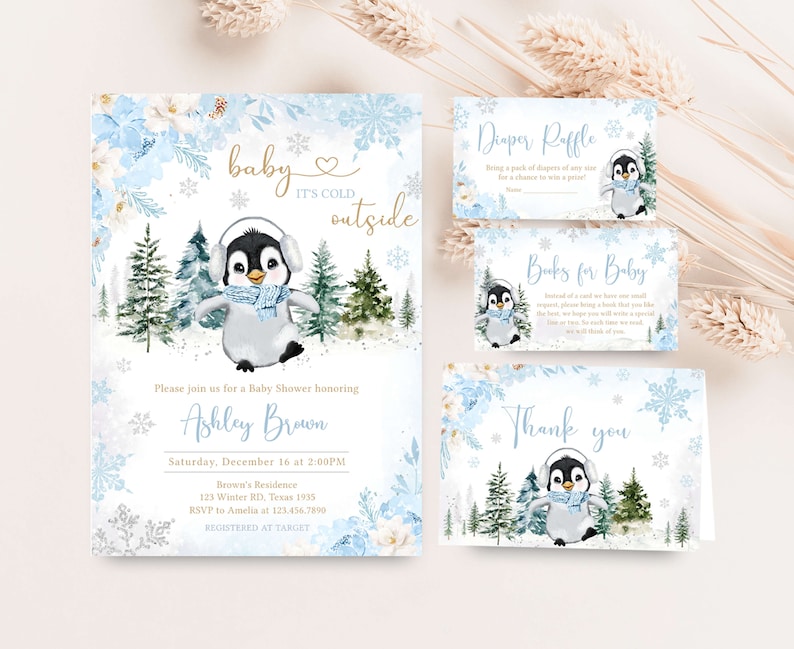 Editable Winter Penguin Baby Shower Invitation Bundle, Boy Penguin Baby Shower Invite Set, Blue Baby It's Cold Outside Baby Shower, 0559 image 1